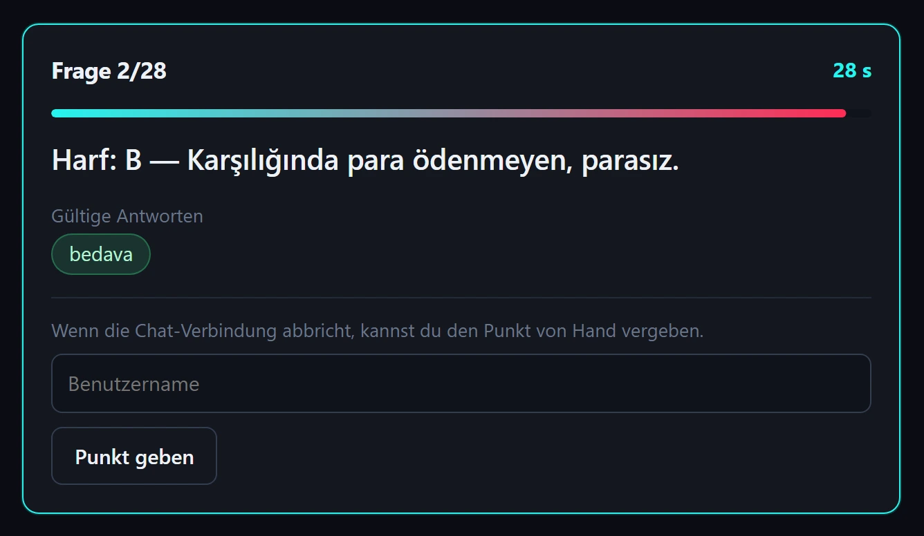 Die Sendungsverwaltung bei offener Frage: der Countdown, die gültigen Antworten und das Feld, mit dem du den Punkt über den Benutzernamen von Hand vergibst, falls die Chat-Verbindung einmal abbricht.