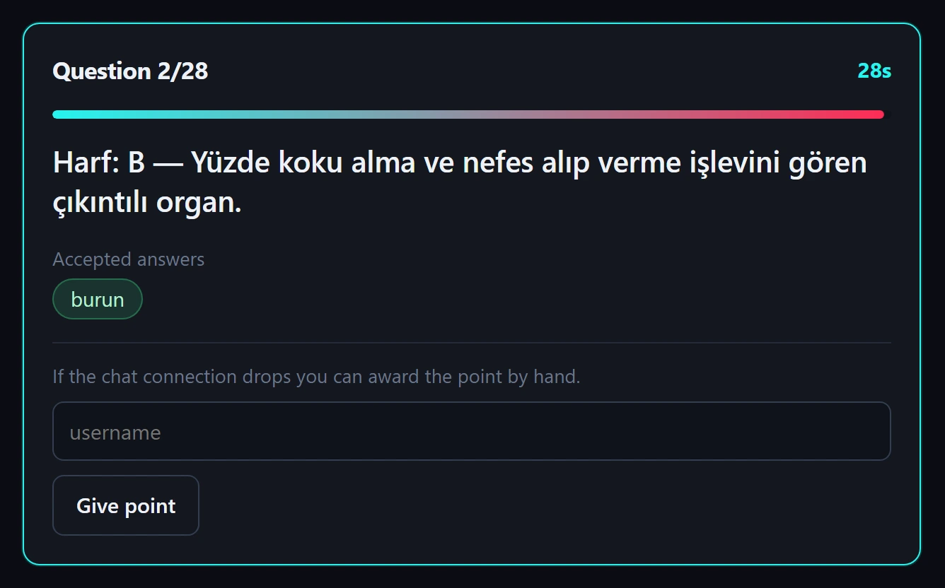 The management screen while a question is open: the countdown, the answers being accepted, and the box that hands the point over by name if the chat connection ever drops.