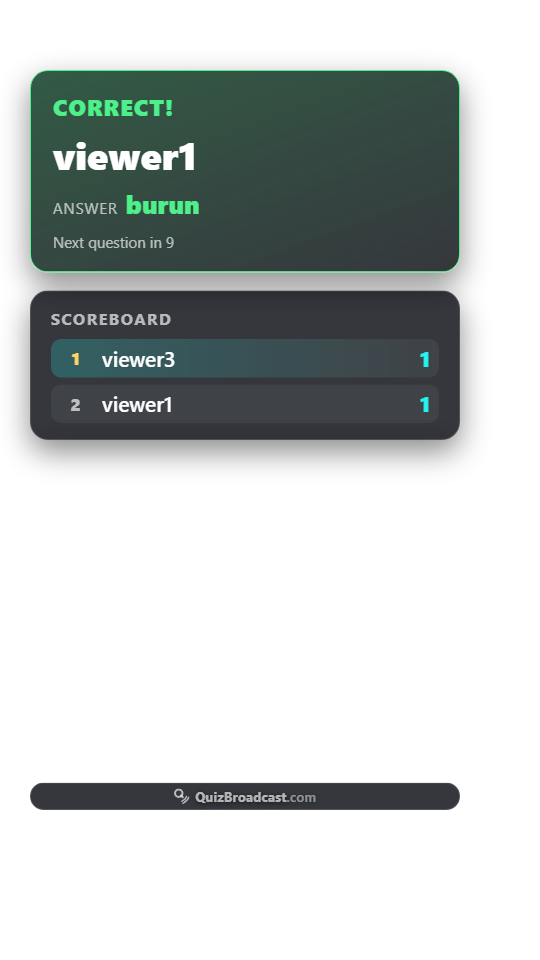 The broadcast screen the moment somebody wins. Everything around the cards is transparent, so your camera and your scene show through.