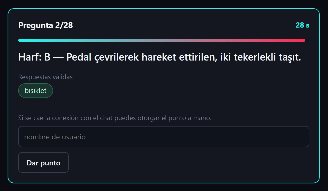 La pantalla de gestión con una pregunta abierta: la cuenta atrás, las respuestas válidas y el campo que otorga el punto por nombre de usuario si alguna vez se cae la conexión con el chat.