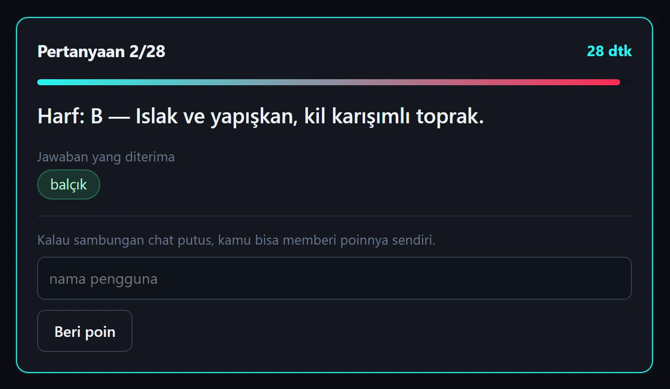 Layar pengelolaan saat sebuah pertanyaan sedang terbuka: hitung mundurnya, jawaban yang diterima, dan kotak untuk memberi poin lewat nama pengguna kalau sambungan chat sempat putus.