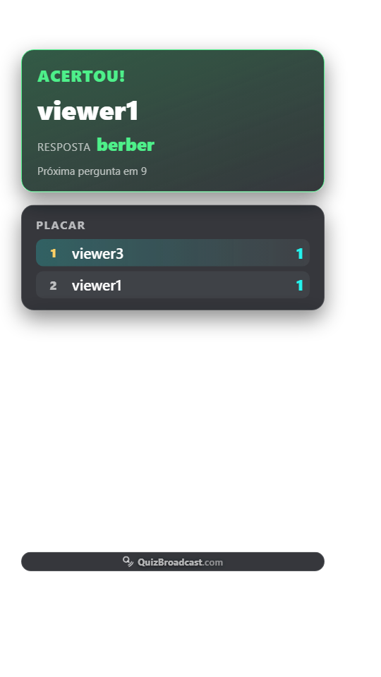 A tela de transmissão no momento em que alguém ganha. Tudo em volta dos cartões fica transparente, então a sua câmera e a sua cena continuam visíveis por trás.