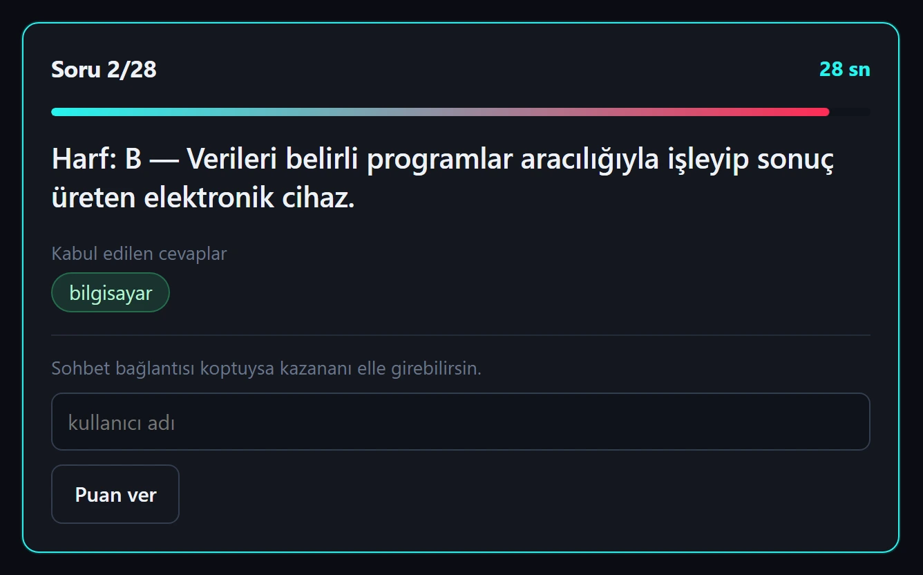 Bir soru açıkken yönetim ekranı: geri sayım, kabul edilen cevaplar ve sohbet bağlantısı koparsa puanı adıyla vermeni sağlayan kutu.