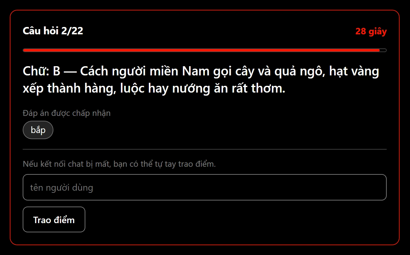 Màn hình quản lý khi một câu hỏi đang mở: đồng hồ đếm ngược, các đáp án được chấp nhận, và ô để trao điểm theo tên nếu kết nối chat bị mất.